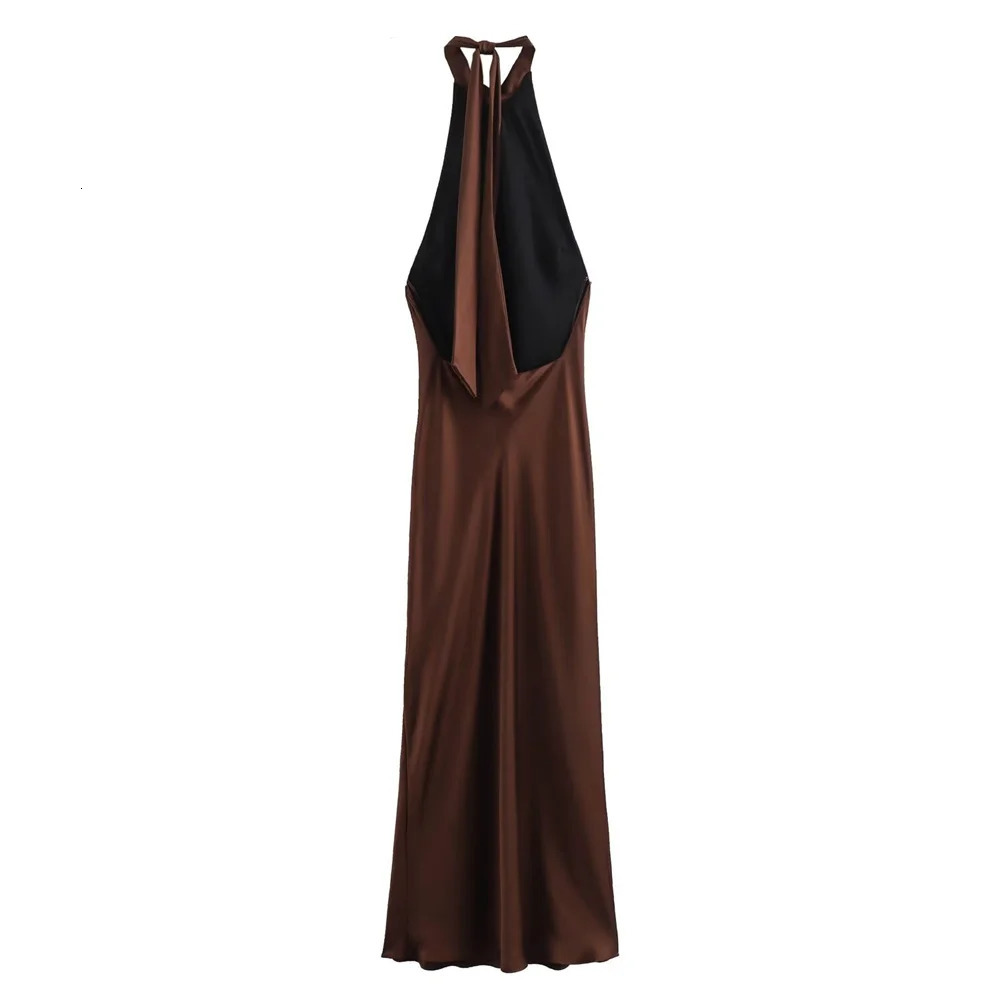 European And American Style Summer Womens Fashionable Temperament Solid Color Backless Silk Satin Texture Dress 250604