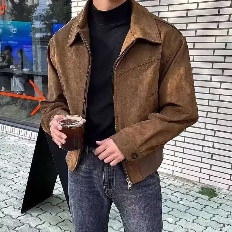 Retro Brown Suede Bomber Jackets for Spring Autumn Short Flight Coats Men Clothing