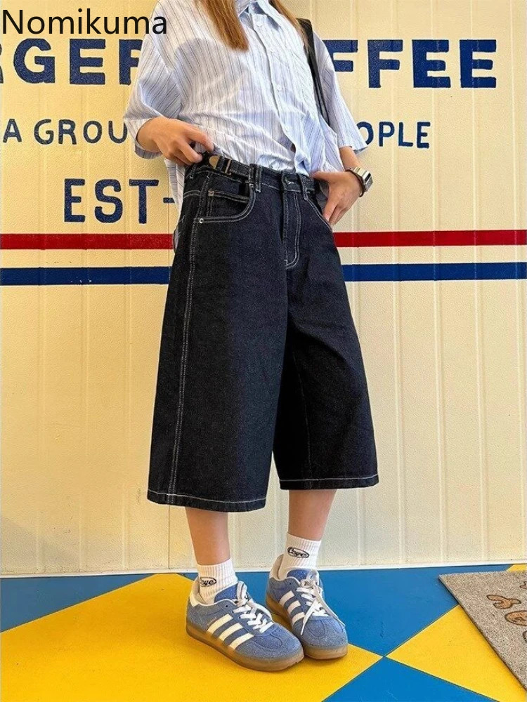 Bottoms Streetwear Casual Jeans High Waist Vintage Wide Leg Shorts Fashion Korean Summer Denim Trousers Womens Pants 250604