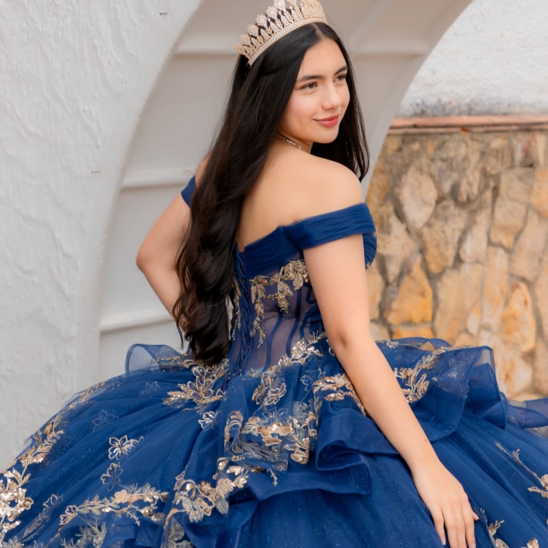 Navy Blue Quinceanera Dresses Ball Gown Off Shoulder Gold Lace Applique Beads Tull Corset Sweet 16 Birthday Party Gown Vestidos 15 Anos