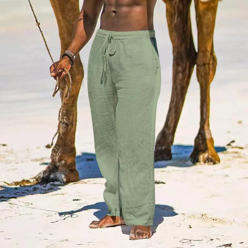 Casual Loose Cotton Linen Men Pants Summer Male High Elastic Waist Wide Leg Sand Holiday Beachwear Straight Full Trousers 250605Z