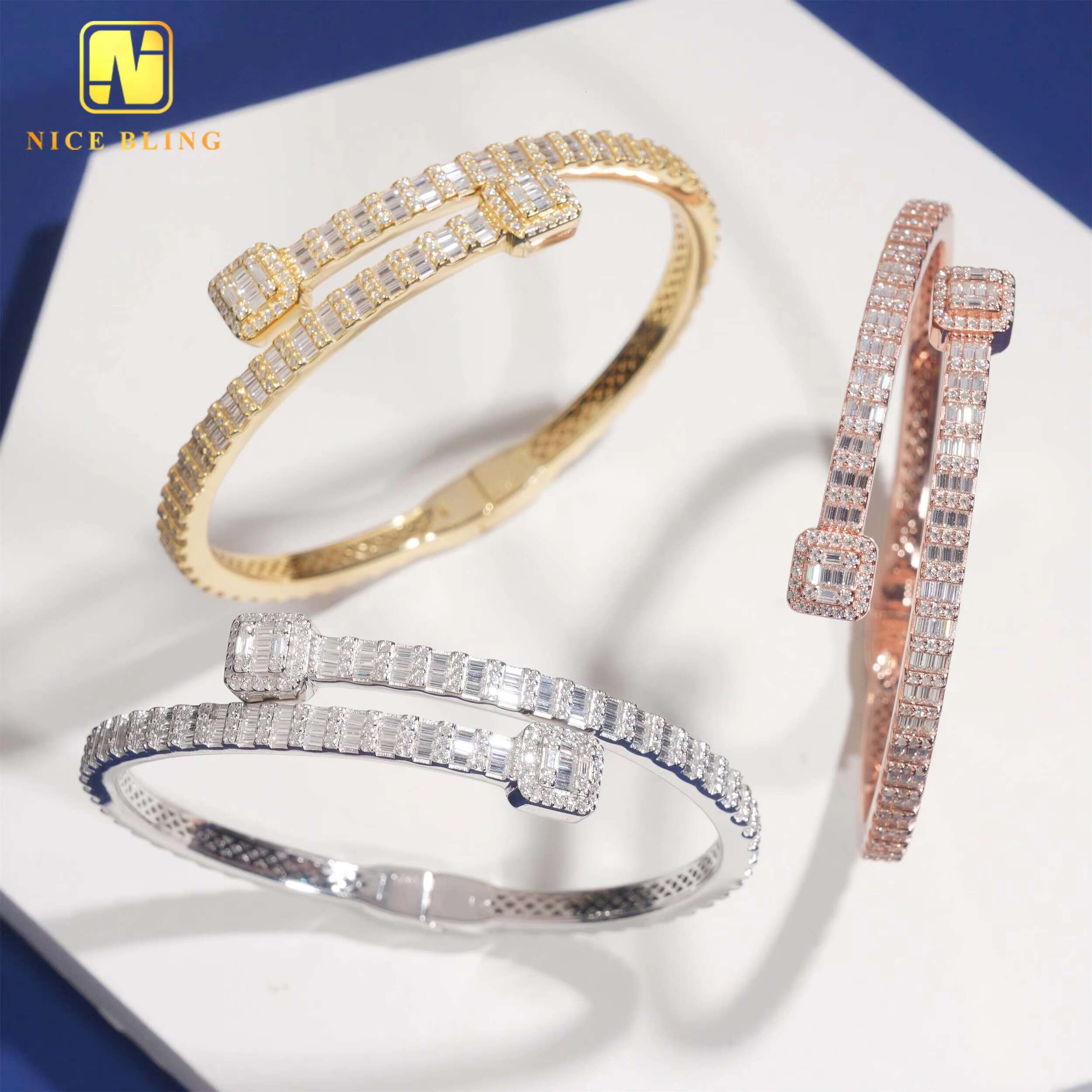 3MM VVS Baguette Moissanite Bangles 925 Silver Trendy Jewelry Adjustable Moissanite Diamond Bangles for Men Women