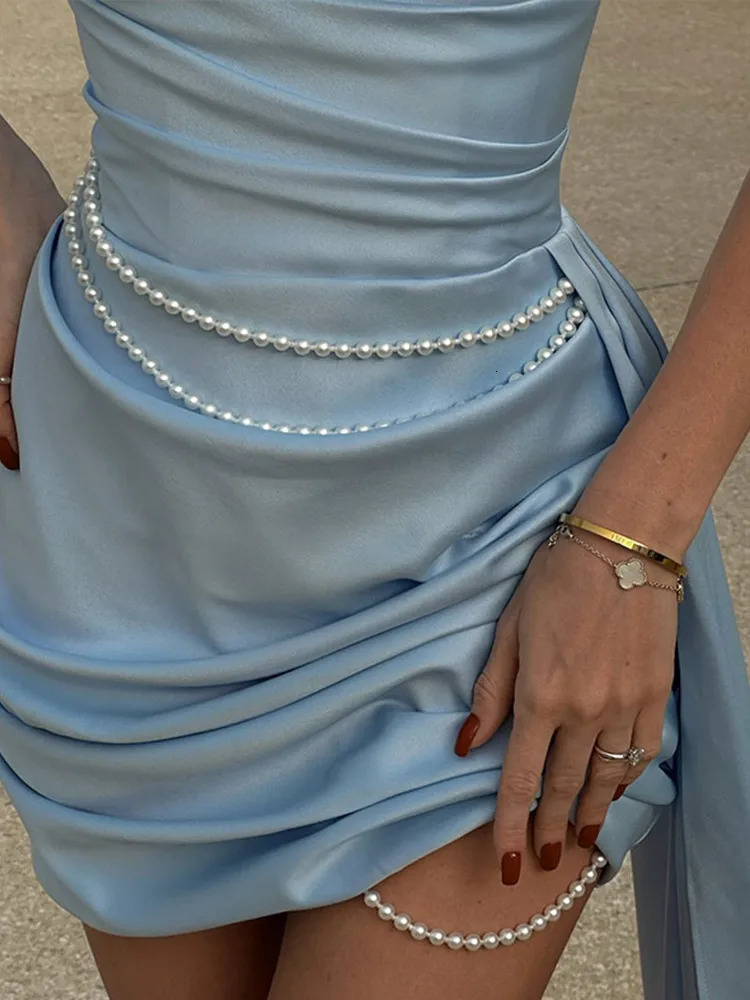 Off Shoulder Strapless Dresses Women Elegant Satin Pearl Pleated Hip Package Short Dress Lady Summer Party Evening Gown 250604