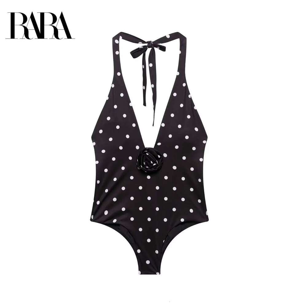 RARA Ladies Sleeveless Halter - Style Polka Dot Swimsuit with 3D Flower Decoration Trendy and Elegant Women's Swimwear