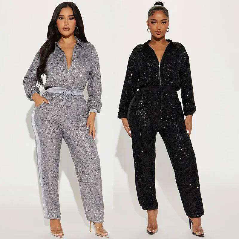 Women Sexy Deep V Jumpsuits Sequins Long Sleeve Zipper Elegant Spring Autumn Thin Female Casual Street Straight Rompers