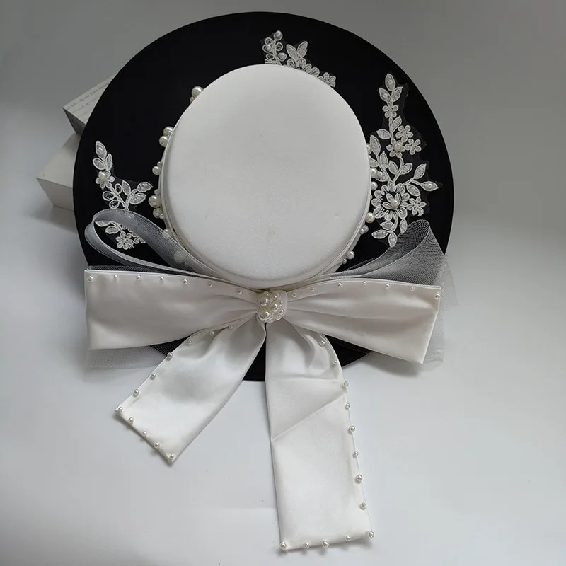 wedding hat French black top hat mesh bridal white elegant bow vintage handmade flat hat chapeau femme luxe ceremonie mariage 250604