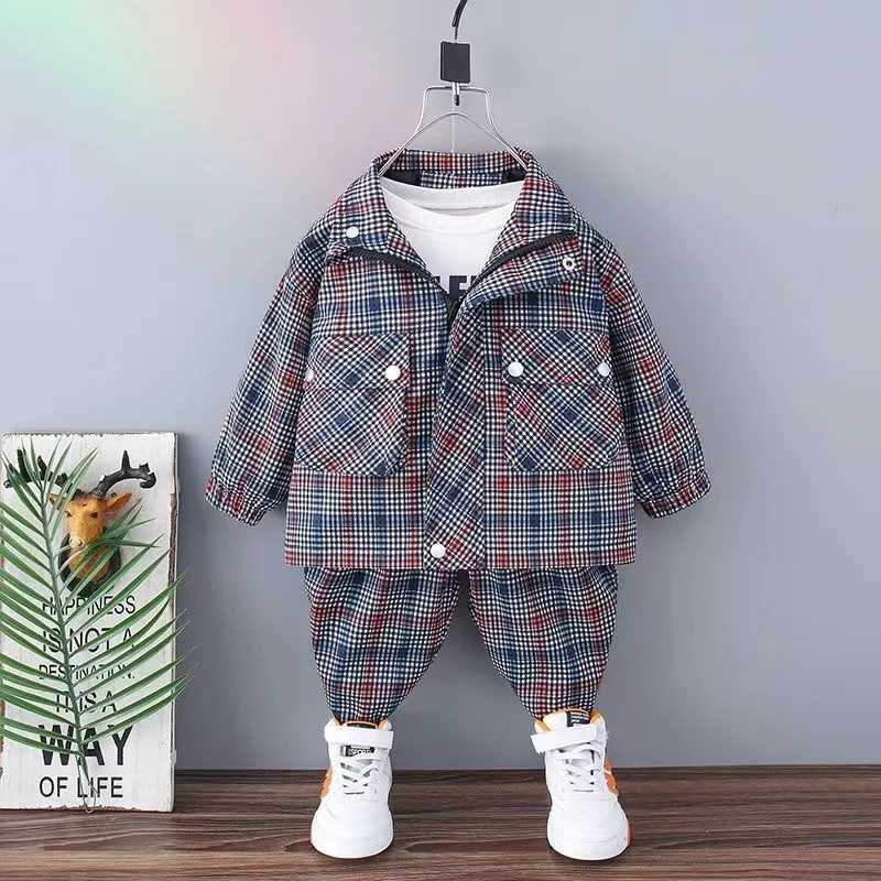 Boys Spring and Autumn Set 2024 New Childrens Fashionable and Fashionable Clothes Boys Checkered Coat and Pants Kids Outfits R250605