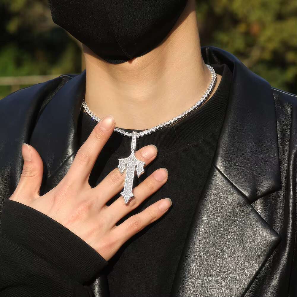 Letter T Pendent Necklace Baguette Zircon Iced Clear Stone Initial T Pendent Hip Hop Jewelry Letter Necklace