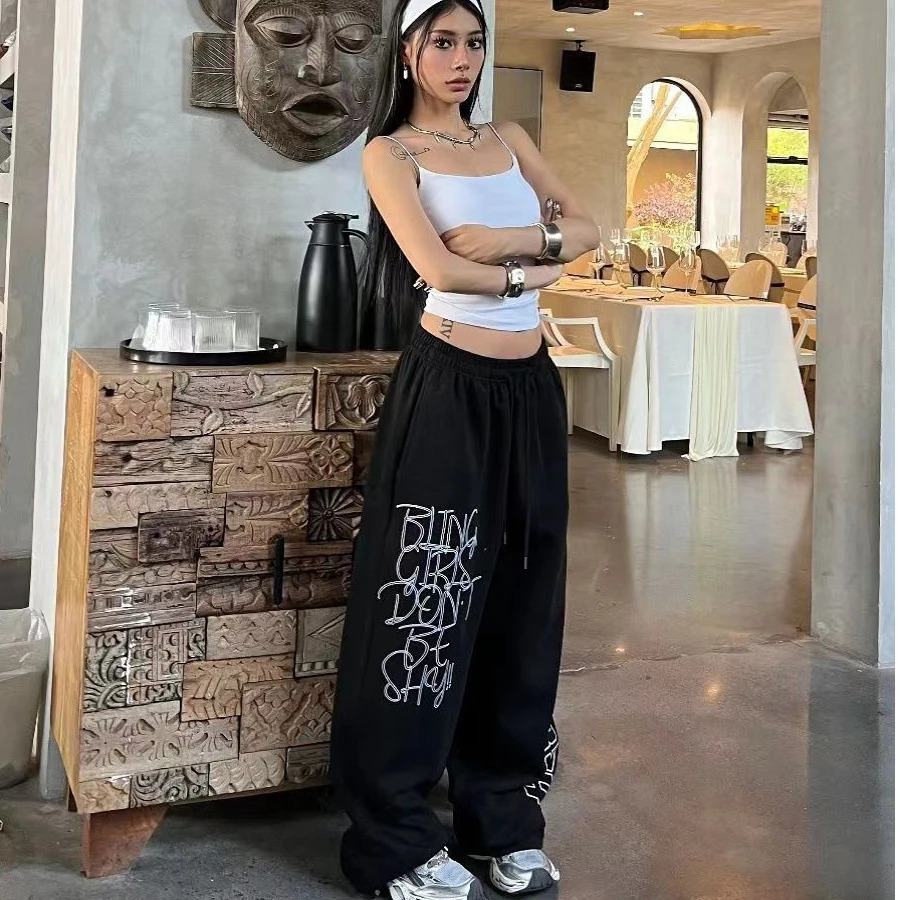 Hiphop Trendy Letter Print Women Pants High Waist American Fashion Wide Leg Woman Summer Street Dance Womens Pants 250604