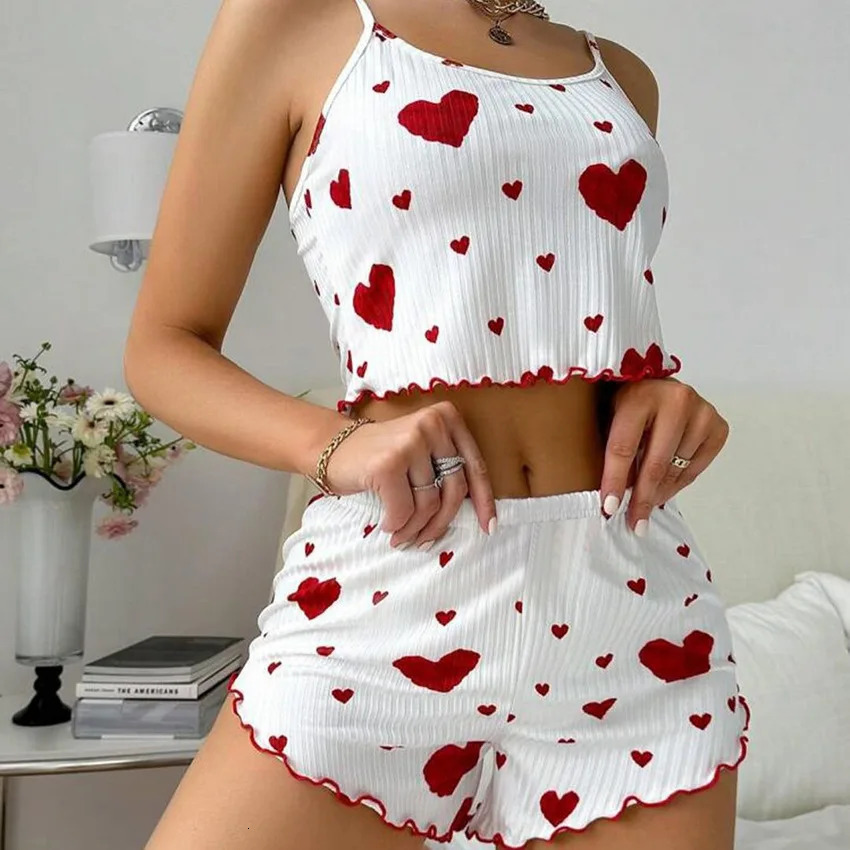 Women pajamas plus size pajamas set 2 piece short vest shorts white S M L XL breathable soft casual love print 250529