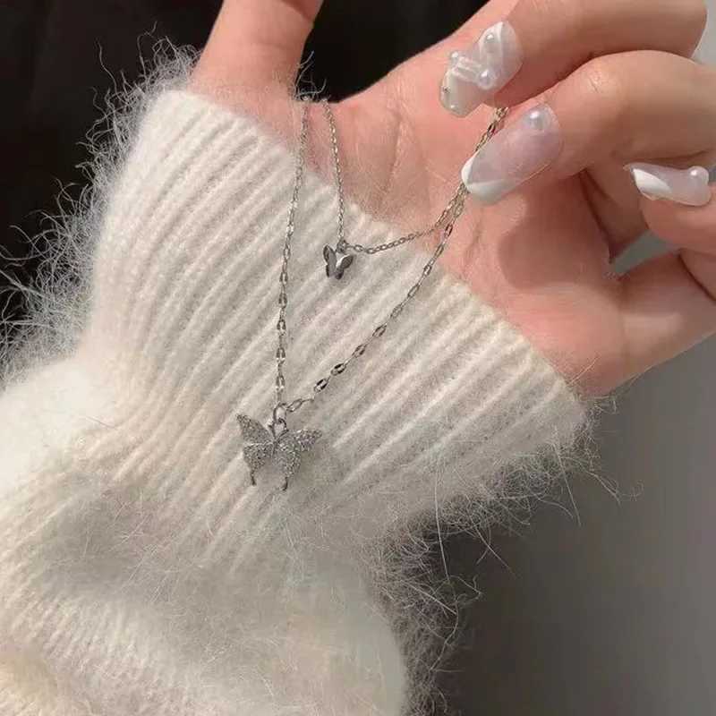 LATS New Shiny Butterfly Necklace Ladies Exquisite Double Layer Clavicle Chain Necklace Jewelry for Ladies Gift XJ250604