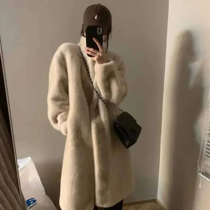 Ladies Fashion Stand Collar Mink Plush Outwear Women Leisure Sleeves Thicken Coat Winter Female Long Faux Fur Jacket