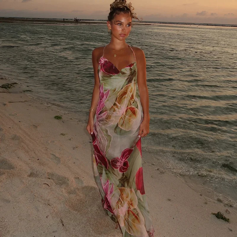 Fashion Flower Print Beach Dress Women Sexy Halter Backless Maxi Holiday Dresses Summer Casual Loose Bikini Cover Up Dress 250605