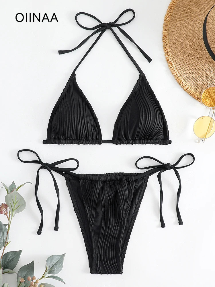 OIINAA Pleated Bikini Set Women Sexy Swimsuit Halter Lace Up TwoPiece Backless Female Swimwear Bathing Summer Fashion Beachwear 250604