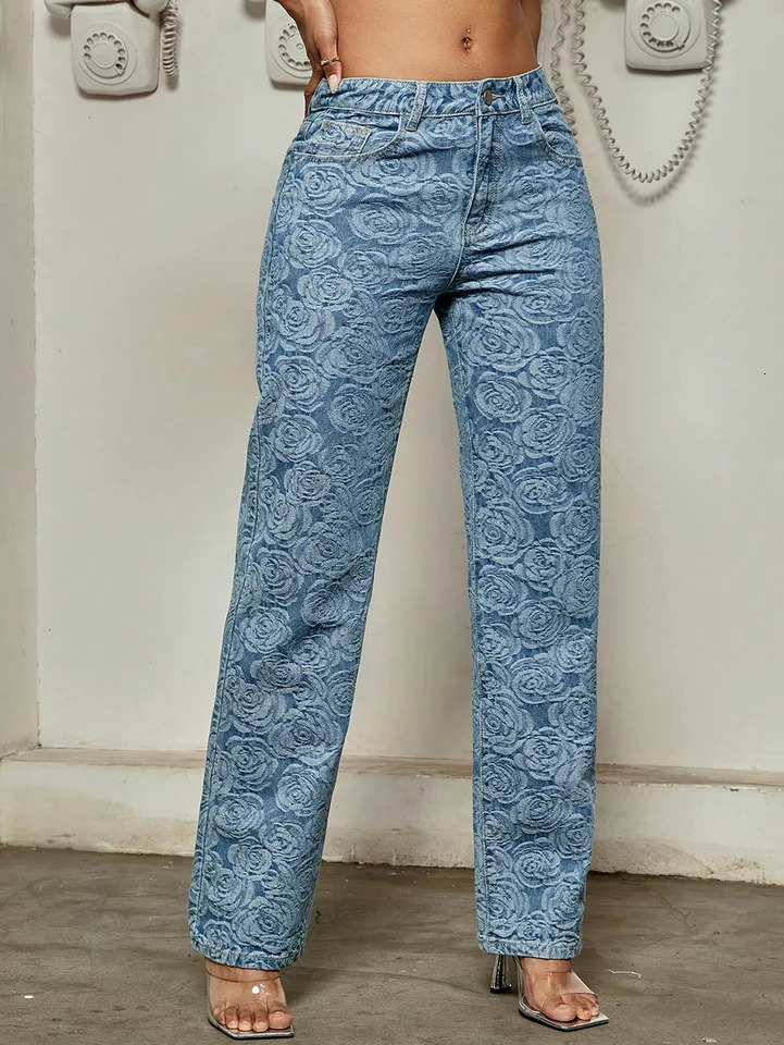 Womens Denim Pants Casual Loose Vintage Floral Summer Spring Blue High Street Flower Blossom Office Lady Fashion Jeans 250604