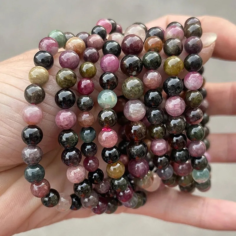5A Natural Muticolor Tourmaline Bracelets Women 5-7mm Round Colorful Beads Healing Elastic Bangles Quality Jewelry Gift 250604