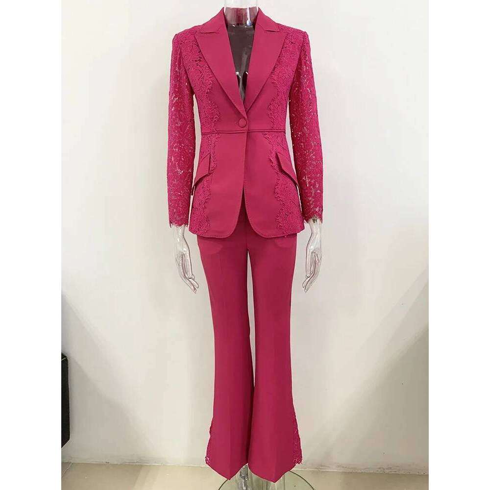 HIGH STREET Newest 2024 Runway Designer Suit Women's Lace Patchwork Single Button Blazer Flare Pants Set 2pcs