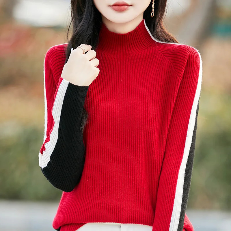 Spring 2025 100 Pure Wool Sweater Ladies SemiHigh Neck Loose Pullover Fashion Long Sleeve Color Matching Knit Base Shirt 250530