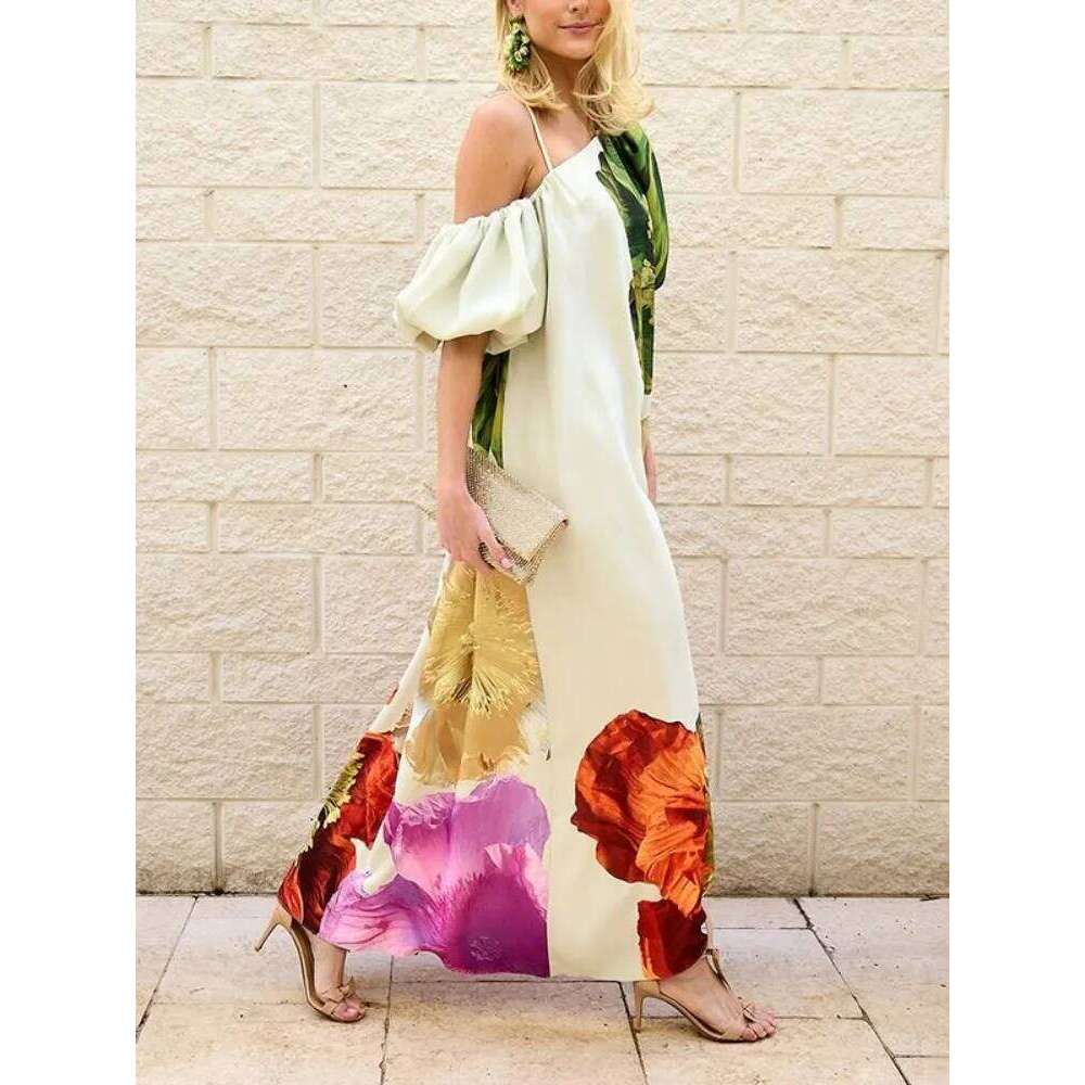Women Elegant Floral Printed Evening Banquet Maxi Dresses 2025 New Summer Puff Sleeves One-Shoulder Party Prom Long Dress