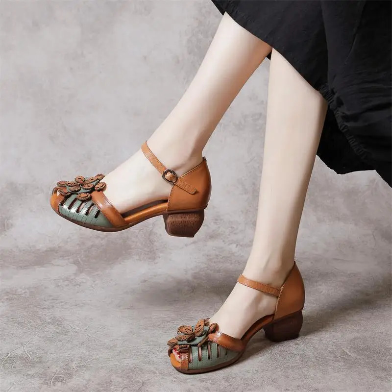 WOIZGIC Women Mother Ladies Female Genuine Leather Sandals Shoes Platform Summer Cool Beach Retro Flowers High Heel Buckle Strap 250605