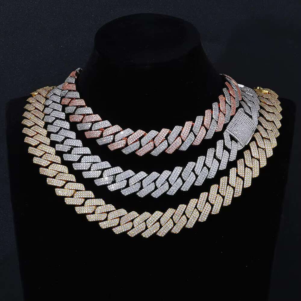 Moissanite Womens Chunky Necklace 3 Row Stone 925 Sterling Silver VVS Moissanite Diamond Prong Cuban Link Chain Hip Hop Jewelry