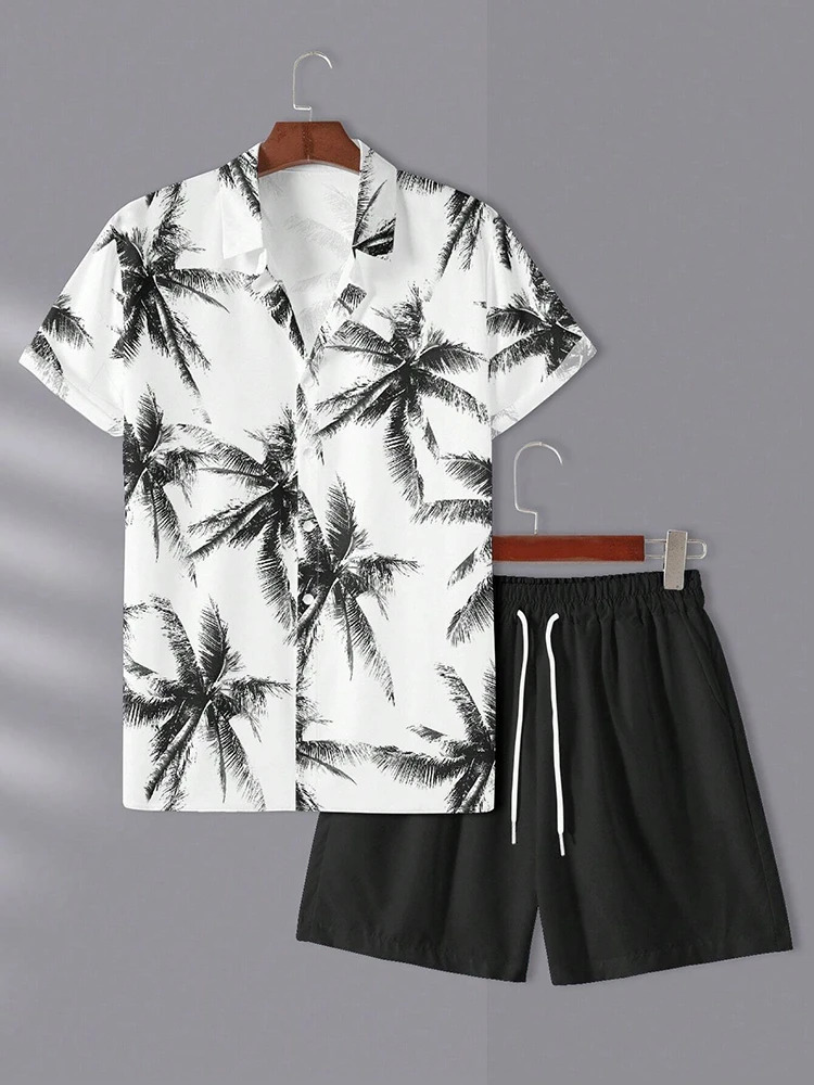 Fashion Hawaii Set Coconut Print Mens Shirt 2 Piece 3D Holiday Set Short Sleeve Casual Shirt Beach Two Piece Mens Set 250603