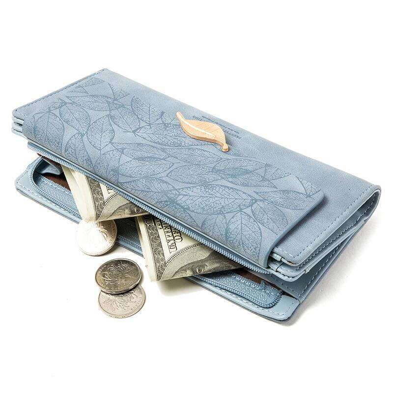 Purse female niche design retro simple long mobile phone bag frosted leaf women's purse new trend all-matching wallet women
