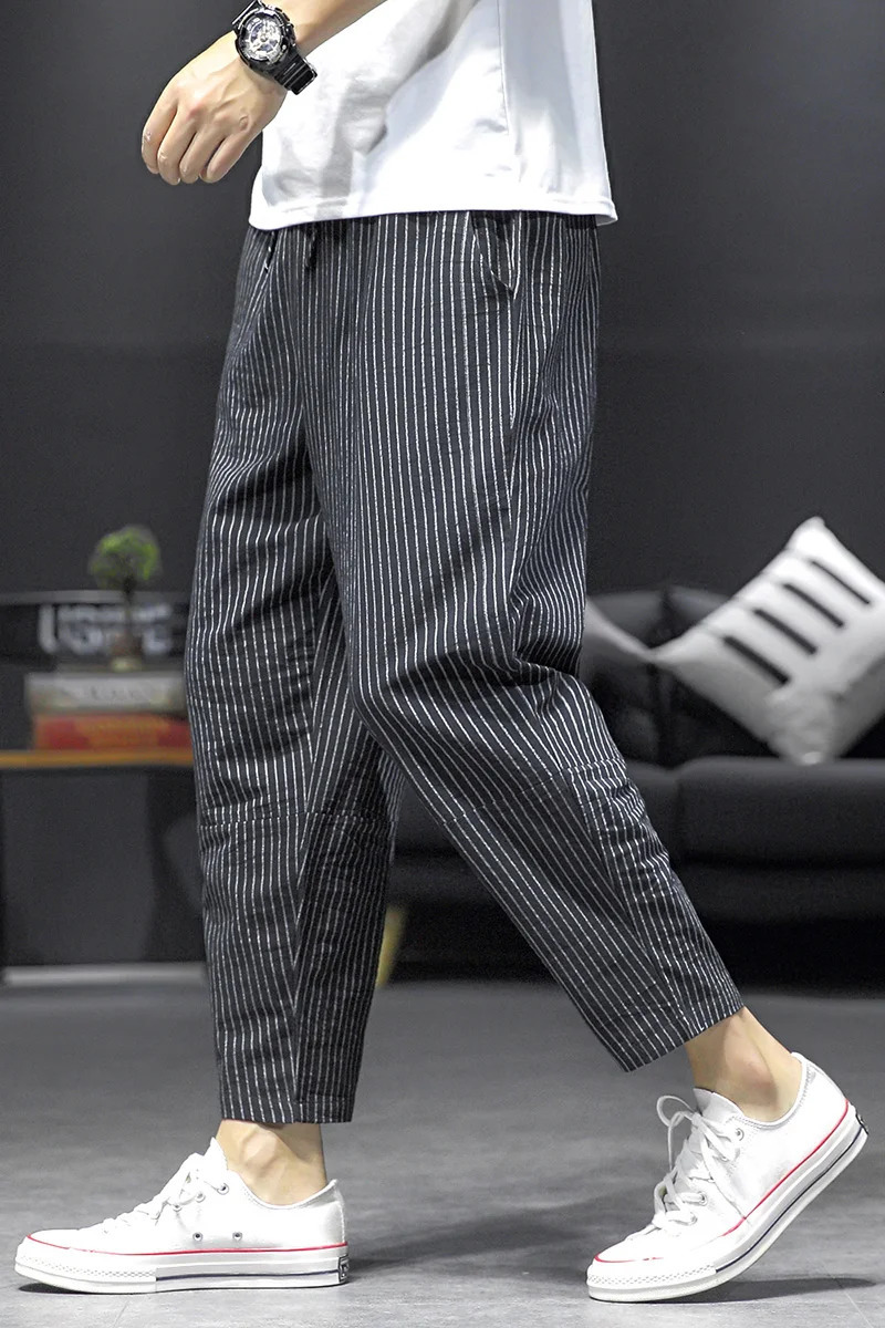 Summer Mens Large Size Classic Harem Pants 3 Colors Casual Fashion Stripe Drawstring Cropped Linen Thin Trousers 250605Z