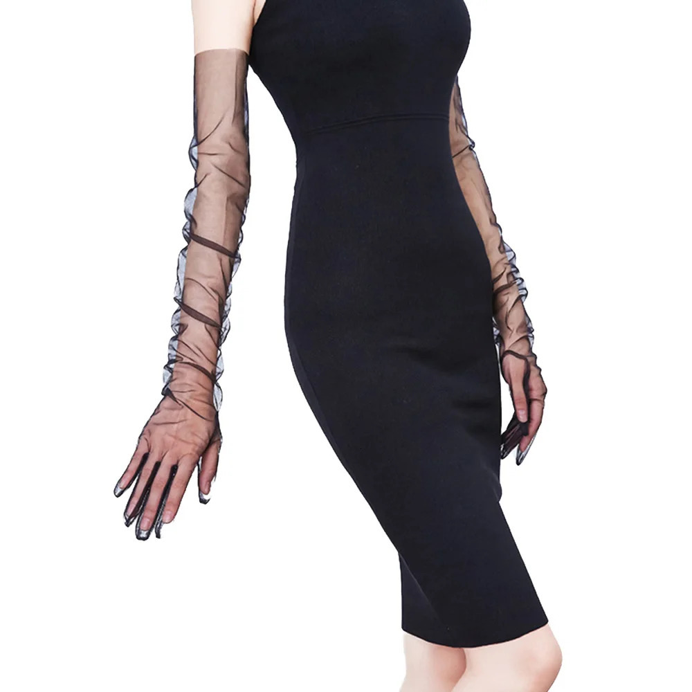 Fashion Long Sheer Tulle Gloves Ultra Thin Stretchy Full Finger Mittens Mesh Elbow Wedding Bride Gloves Halloween Accessory 250530
