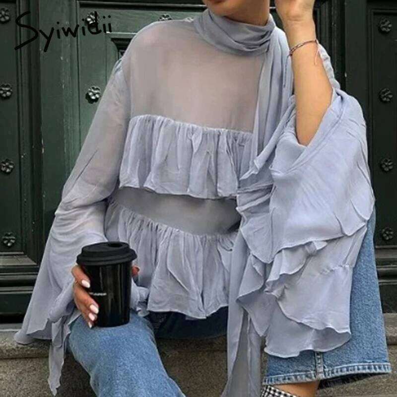 Syiwidii Temperament Turtleneck Blouse Women Blue Mesh See Through Ruffles Flare Sleeve Tops 2025 New Chic High Street Blouses