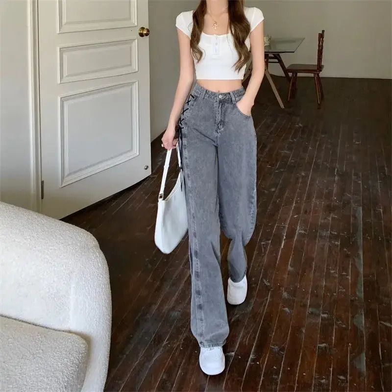 Fashion 90s Loosefit Denim Pants for Women Spring Autumn Korean In Woman Straight Leg Jeans High Waist S Trousers 250604