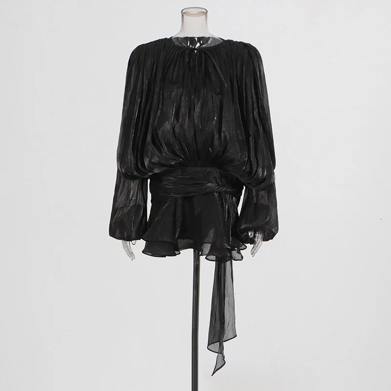 TWOTYLE Solid Patchwork Lace Up Blouse Mini Dresses For Women V Neck Long Sleeve Sweet Style Dress Female Clothing Fashion 250526