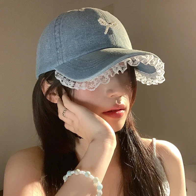 Denim Diamond Bow Kont Baseball Cap Korean Y2k Fashions Lace Baseball Hip Hop Hat Summer Sun Protection Beach Hat 250603