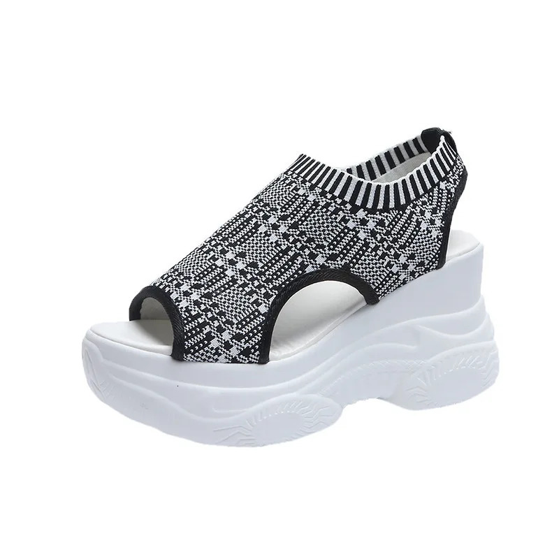 Summer Knitted Shoes Fairy Fishmouth Wind Cake Sole High Heel Flying Weave Slope Thick Sports Womens Sandal 250605