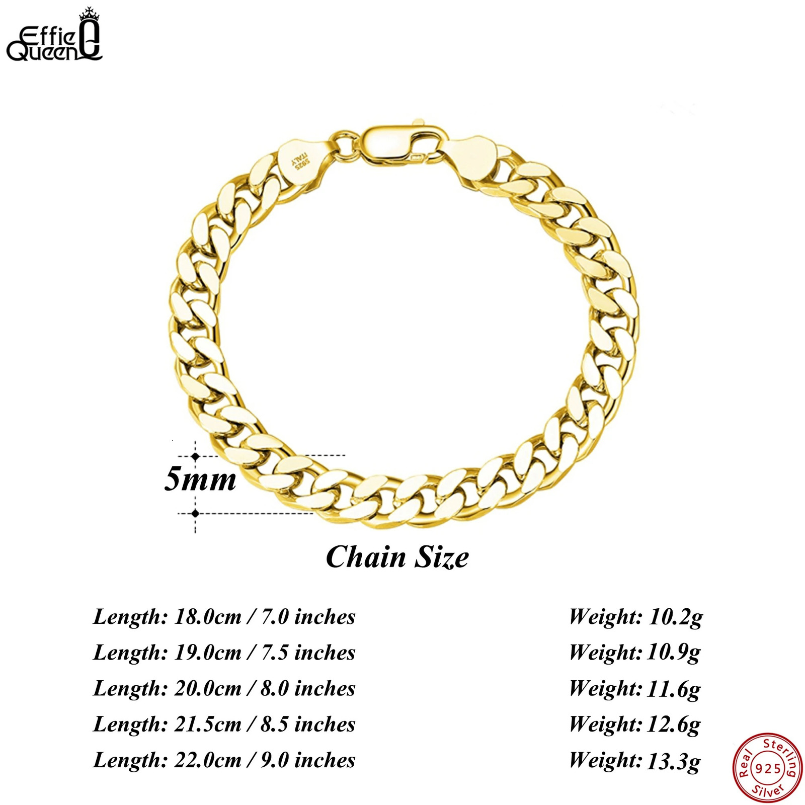 EFFIE QUEEN 5mm 925 Sterling Silver Diamond-Cut Cuban Curb Link Chain Bracelet Men Women Jewelry Minimalist Style Gift SB105 250530