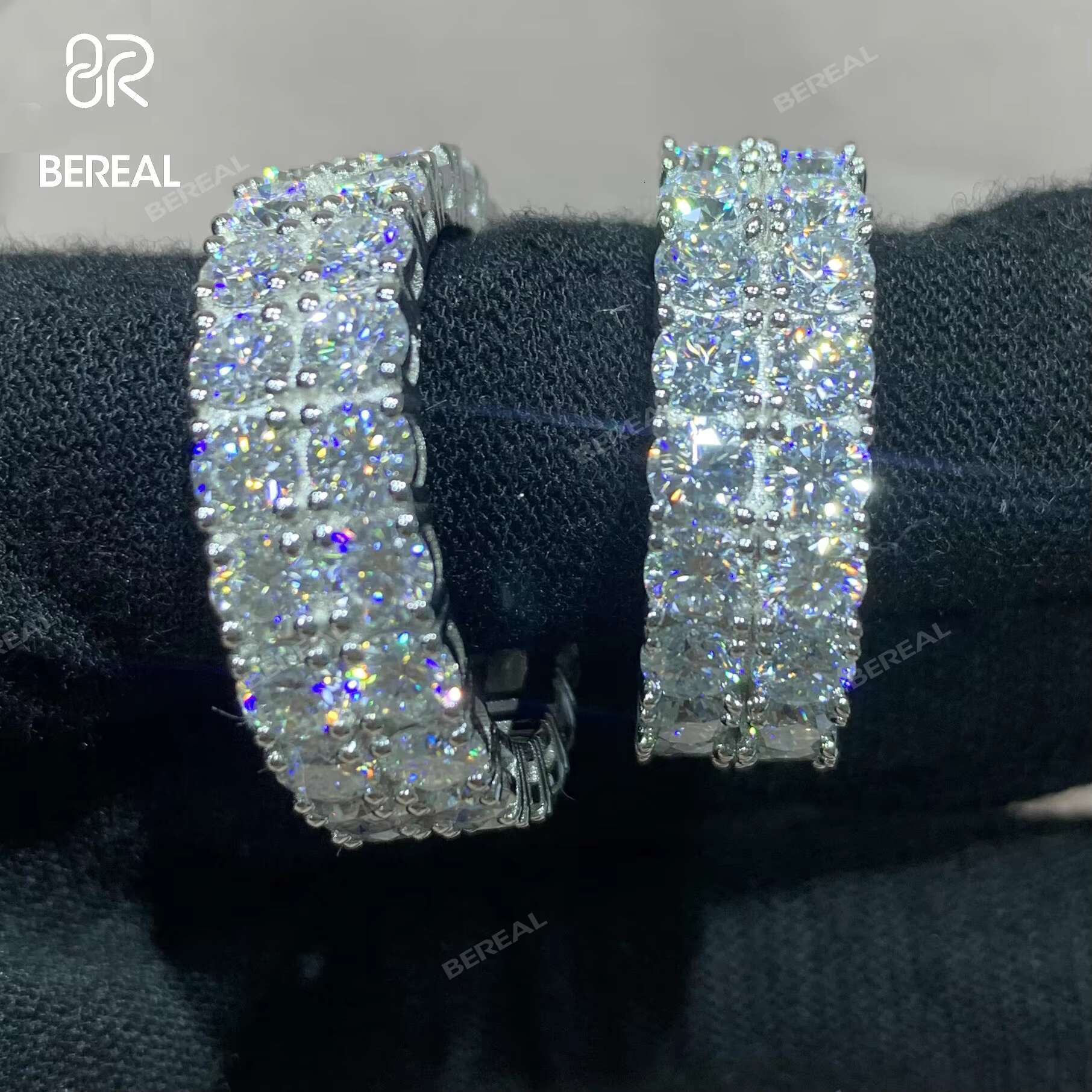 Fine Jewelry Real 10K 14K 18K Solid Gold Two Rows Eternity Ring Band Round Brilliant Cut Vvs Moissanite Engagement Wedding Ring