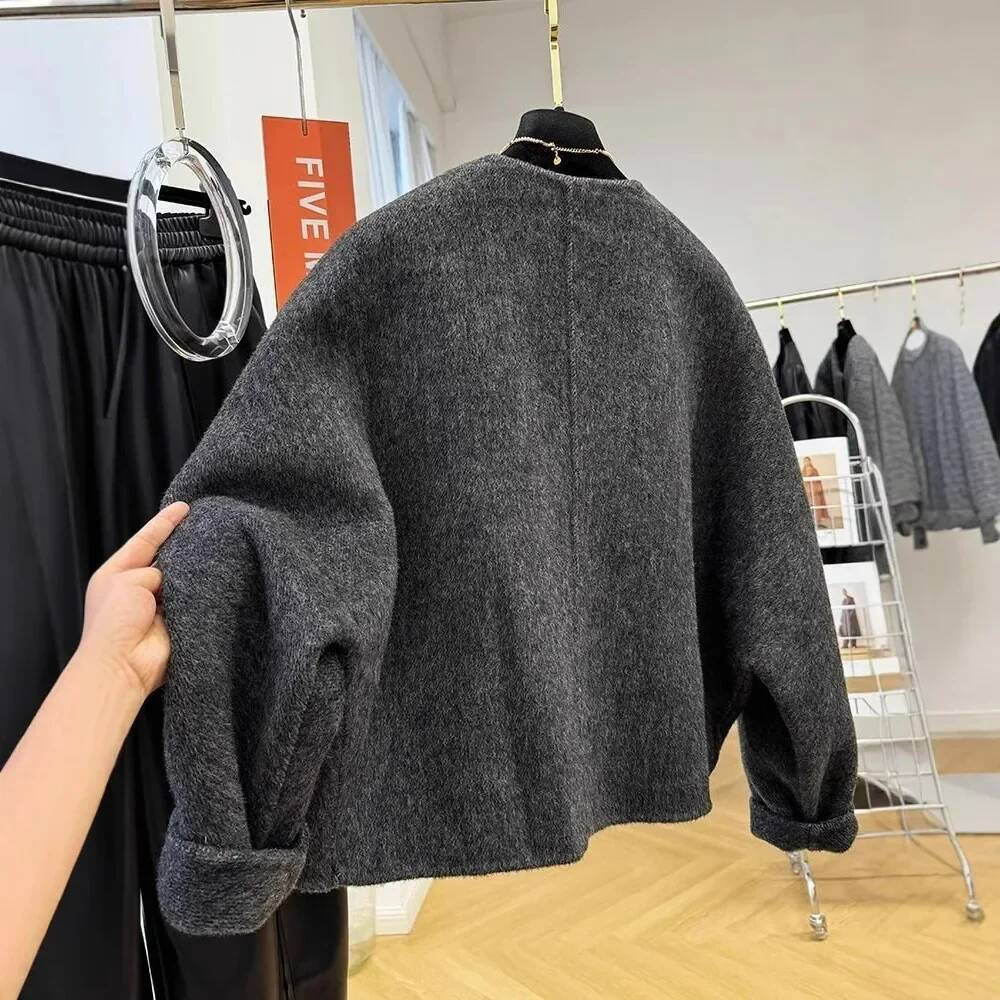 High-End Round Neck Woolen Jacket For Women Fashionable Petite Cropped Overcoat Korean Style Fall/Winter With Feeling Of Veet