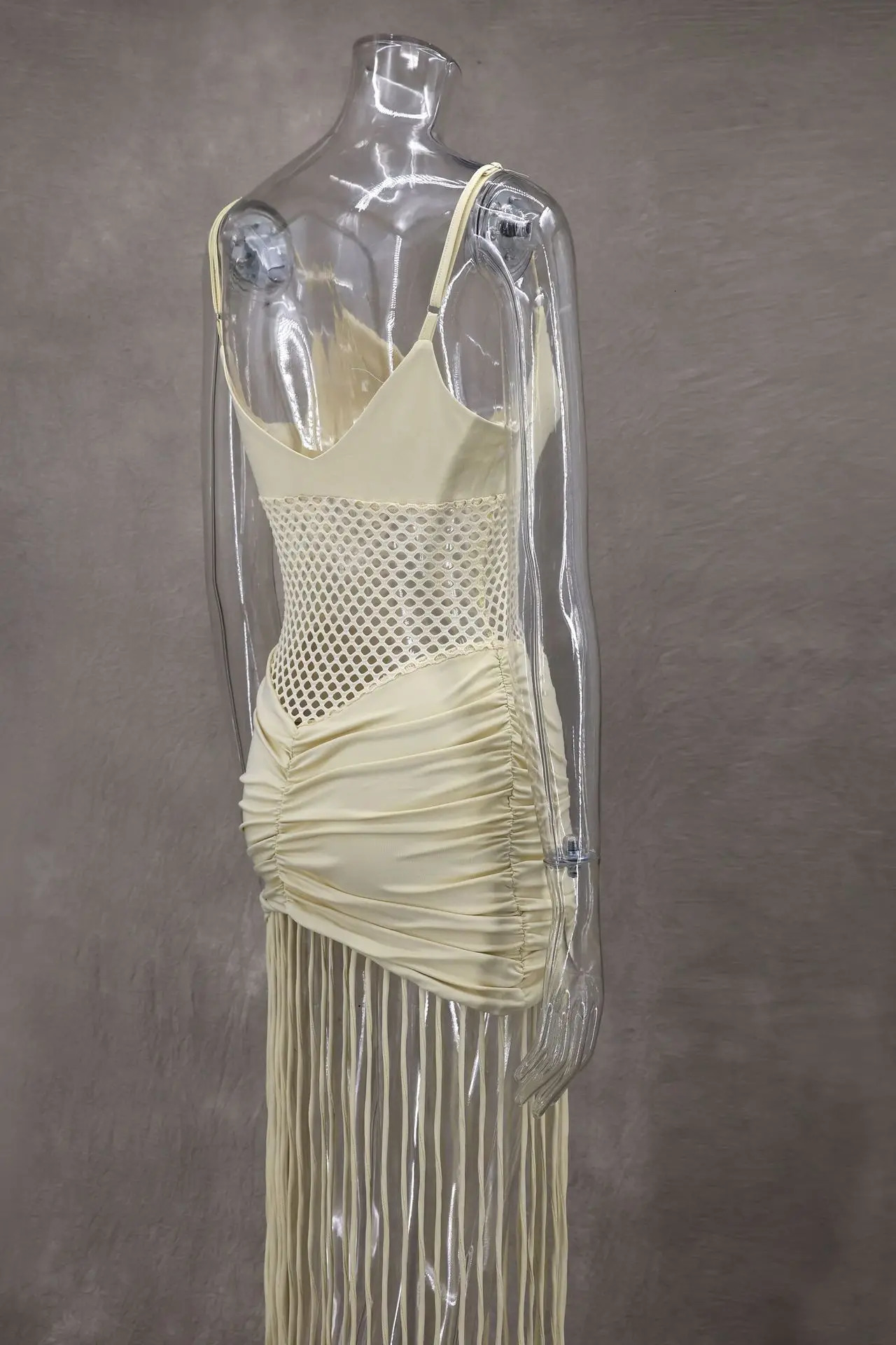 VEITCHE Summer Sexy Hollow Out OffShoulder Mesh Wrap Women Long Dress Pleats Hem Tassel Slim Fit Beach Party Dress 250604