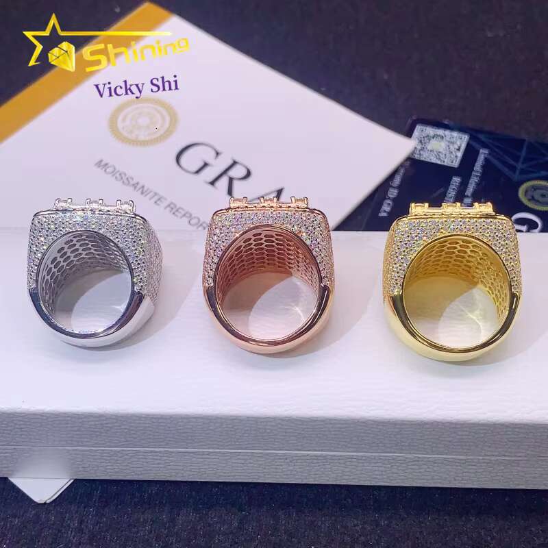 GRA Certificated 925 Solid Silver Gold Plated VVS Baguette Diamond Moissanite Custom Men Hip Hop Rings