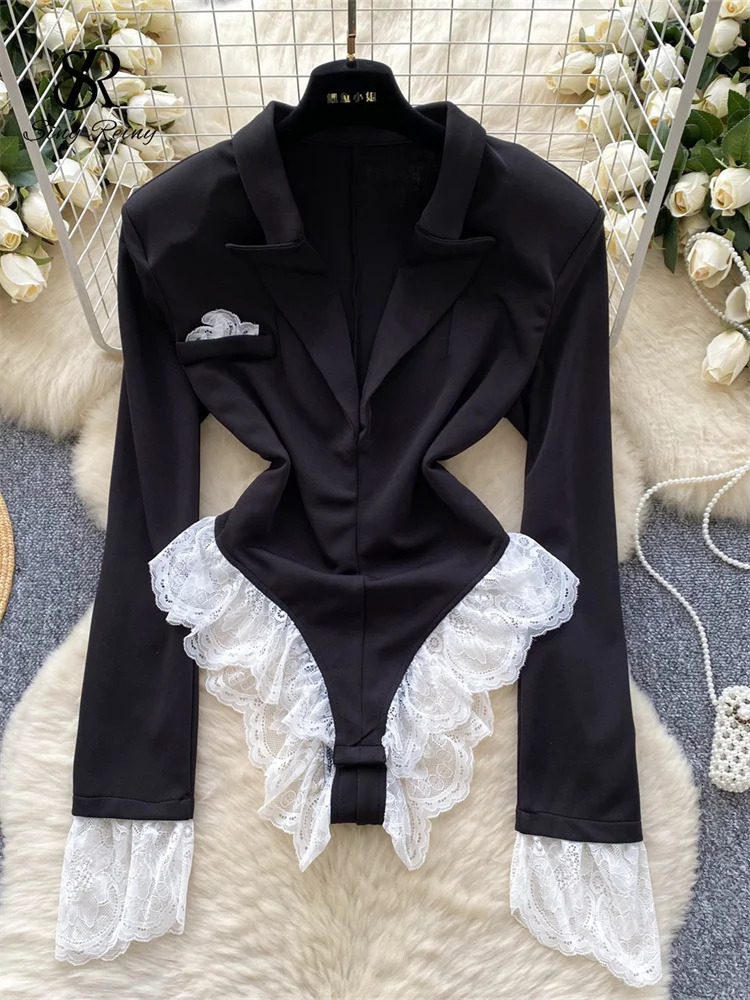 SINGREINY Female Lace Spliced OL Sexy Bodysuits Autumn Long Sleeve Slim Playsuits Women Streetwear Open crotch Fashion Rompers 250603