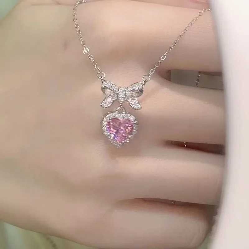 Cute Sweet Pink Bow Necklace Ladies Fashion Sparkling Rhinestone Heart Shape Pendant Clavicle Chain Delicate Wedding Accessories XJ250604