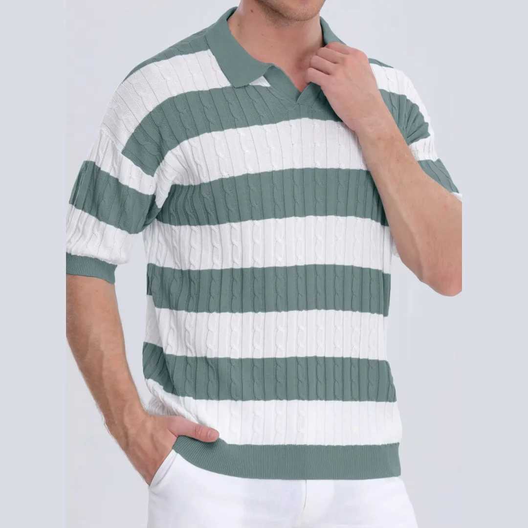 Mens Polo Short Sleeve Retro Knit Lapel Striped Short Sleeve Fashion T-shirt Popular Knitwear Casual Breathable Top US SizeXJ250605
