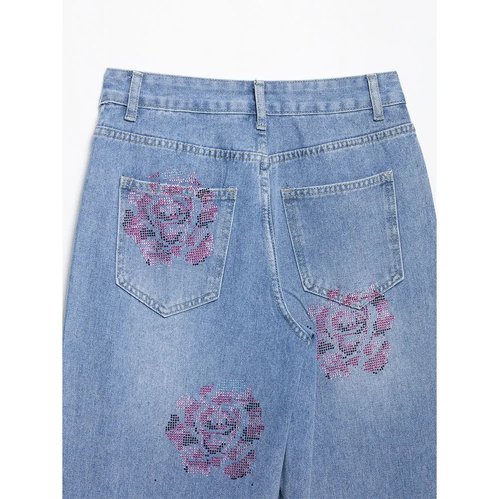 DUOPERI Women With Diamond Blue Straight Jeans Pants High Waist Full Length Female Elegance Casual Denim Trousers 250604