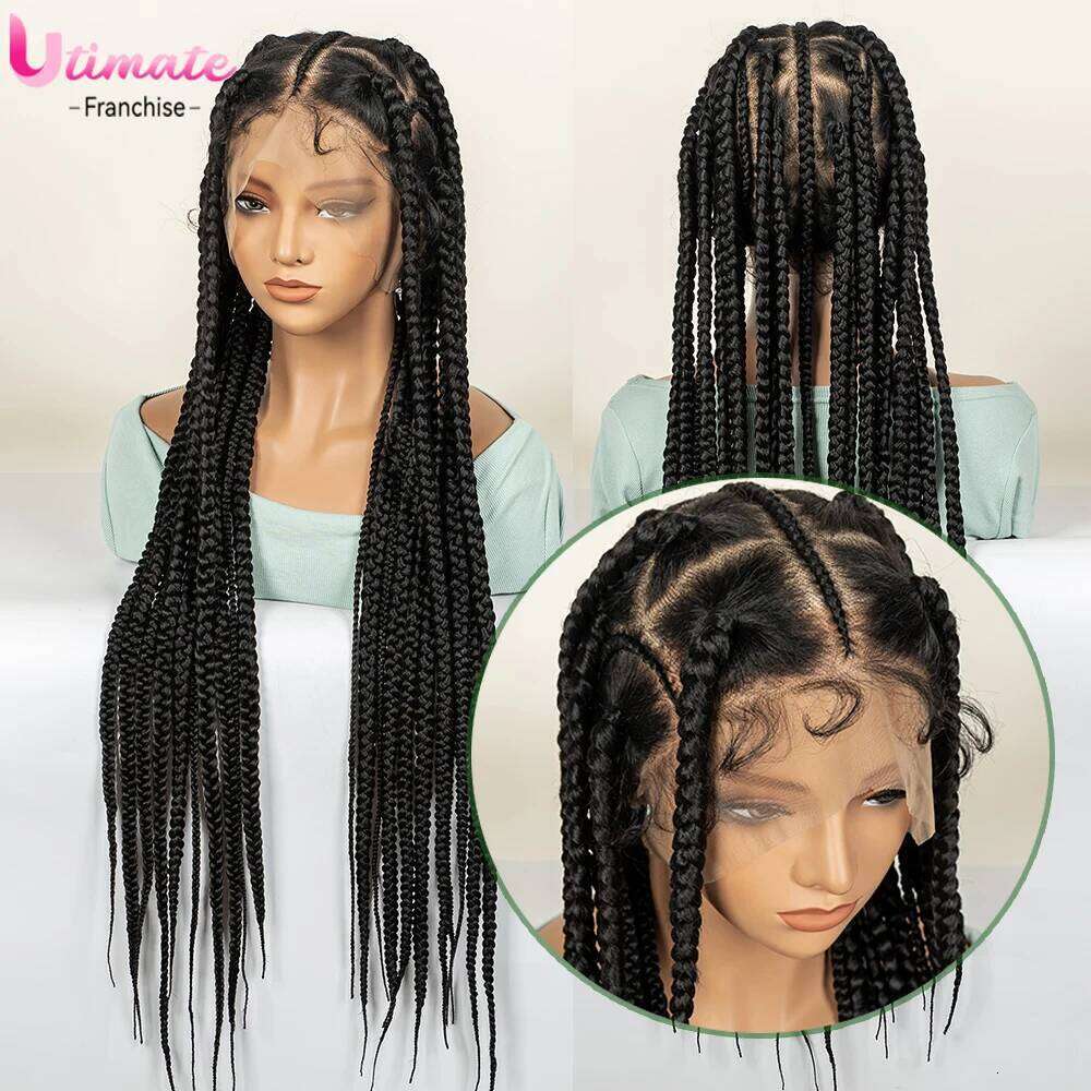 36 Inches Jumbo Braided with Baby Full Lace Synthetic Wigs Black Long Braids Hair Wig Box Braid Knotless