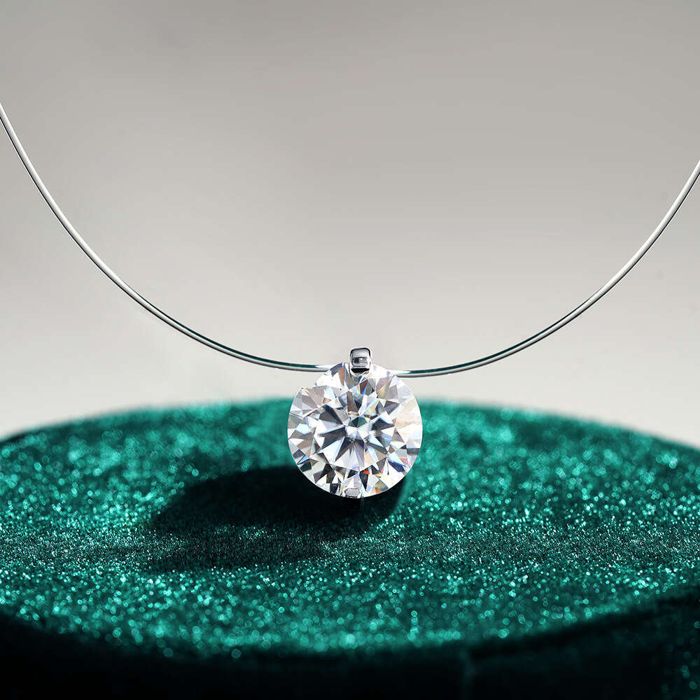 DHCollections 26 Inch Invisible Fish Line Moissanite Pendant Necklace 925 Sterling Silver Round Cut VVS1 Diamond Simulated Jewellery for Engagement or
