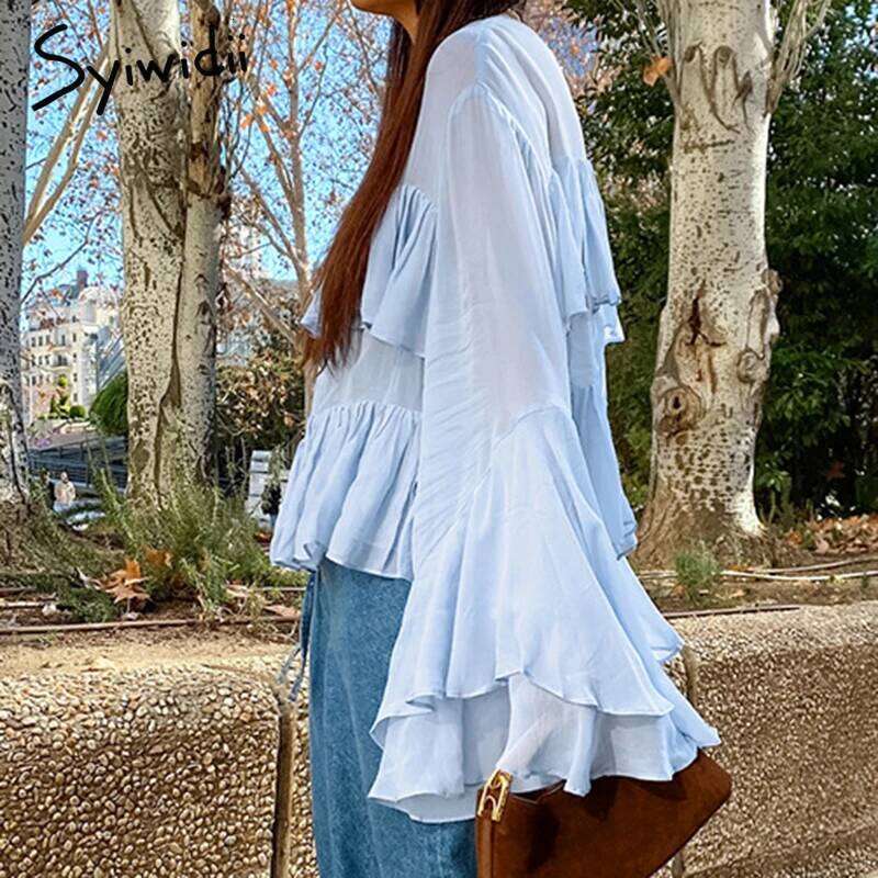 Syiwidii Temperament Turtleneck Blouse Women Blue Mesh See Through Ruffles Flare Sleeve Tops 2025 New Chic High Street Blouses