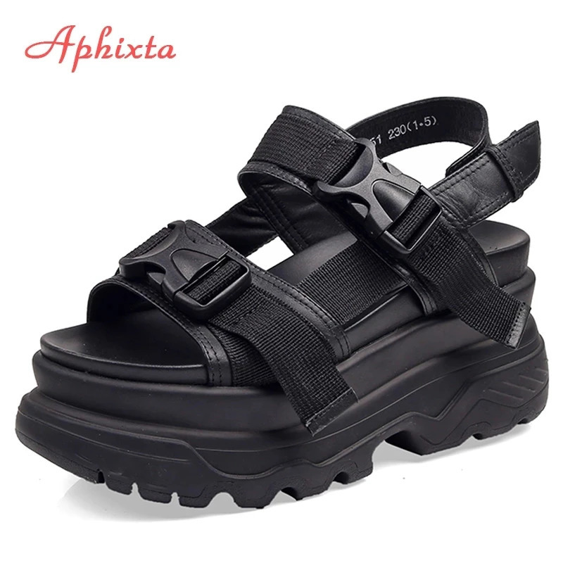 Aphixta 8cm Platform Sandals Women Wedge High Heels Shoes Buckle Leather Canvas Summer Zapatos Mujer Wedges Woman Sandal 250605