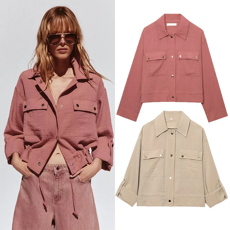 TRAF Women Cropped Jacket Casual Adjustable Long Sleeves with Tabs Womens Button Lady Coats Female Jackets 250604