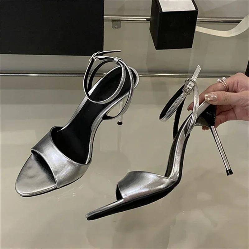 Aneikeh Summer Fashion Blue Womens Sandals Open Toe Buckle High Heels Peep Pointed Denim Stiletto Strap Prom Shoes 250605