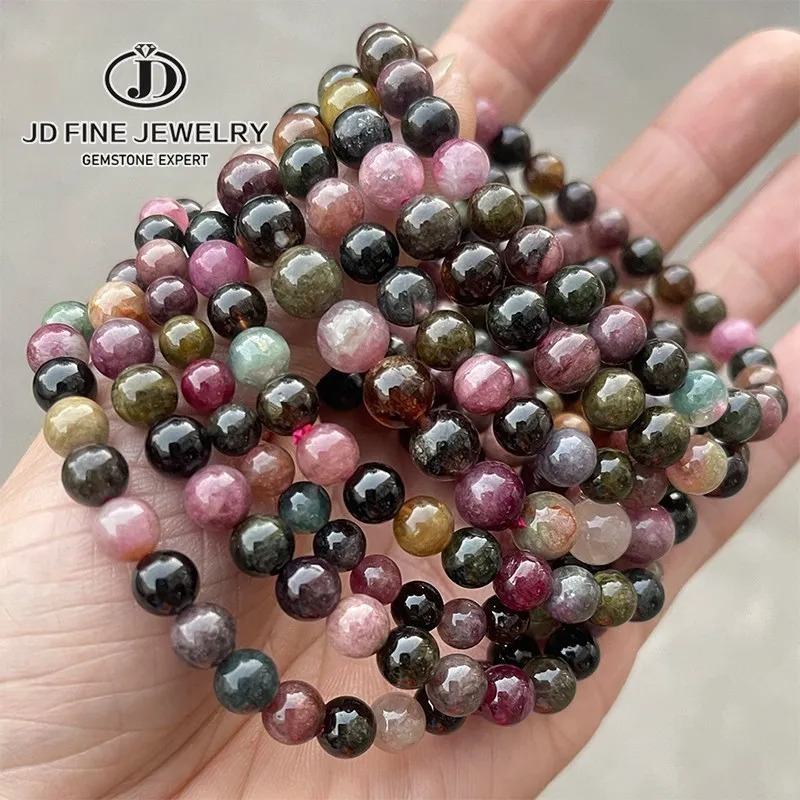 5A Natural Muticolor Tourmaline Bracelets Women 5-7mm Round Colorful Beads Healing Elastic Bangles Quality Jewelry Gift 250604